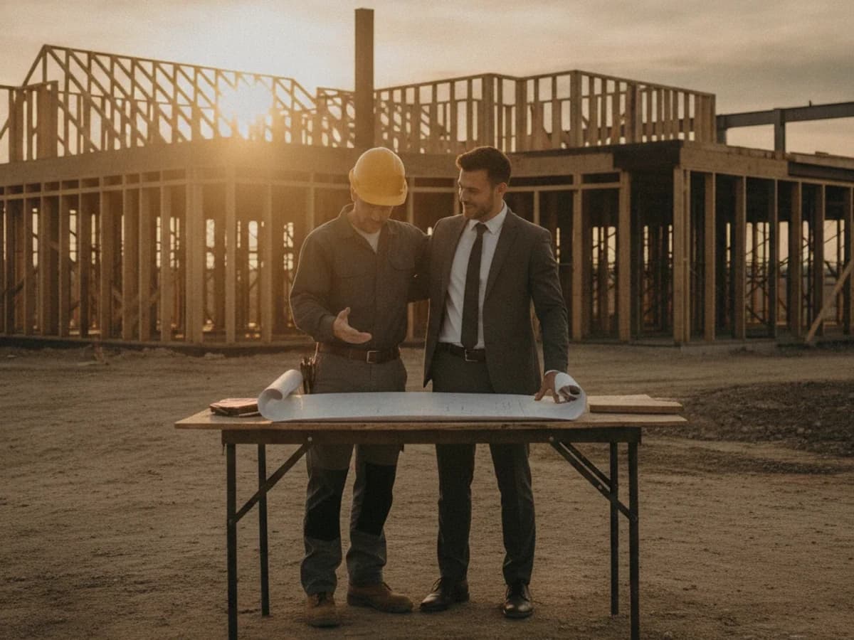 A construction site at golden hour where a developer and contractor review plans together, a resolved dispute