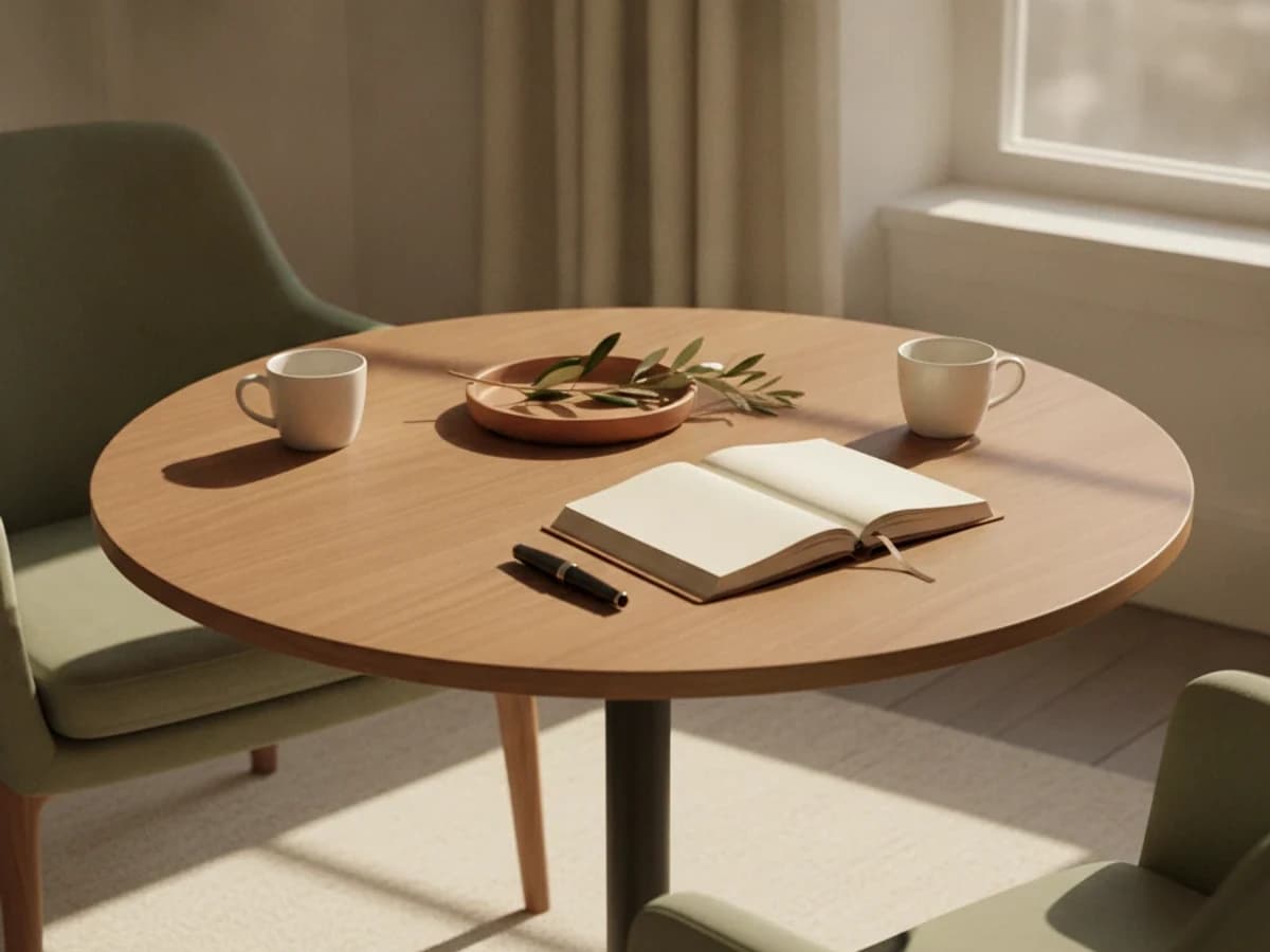 A sunlit corner with a round table and two chairs set for an open conversation
