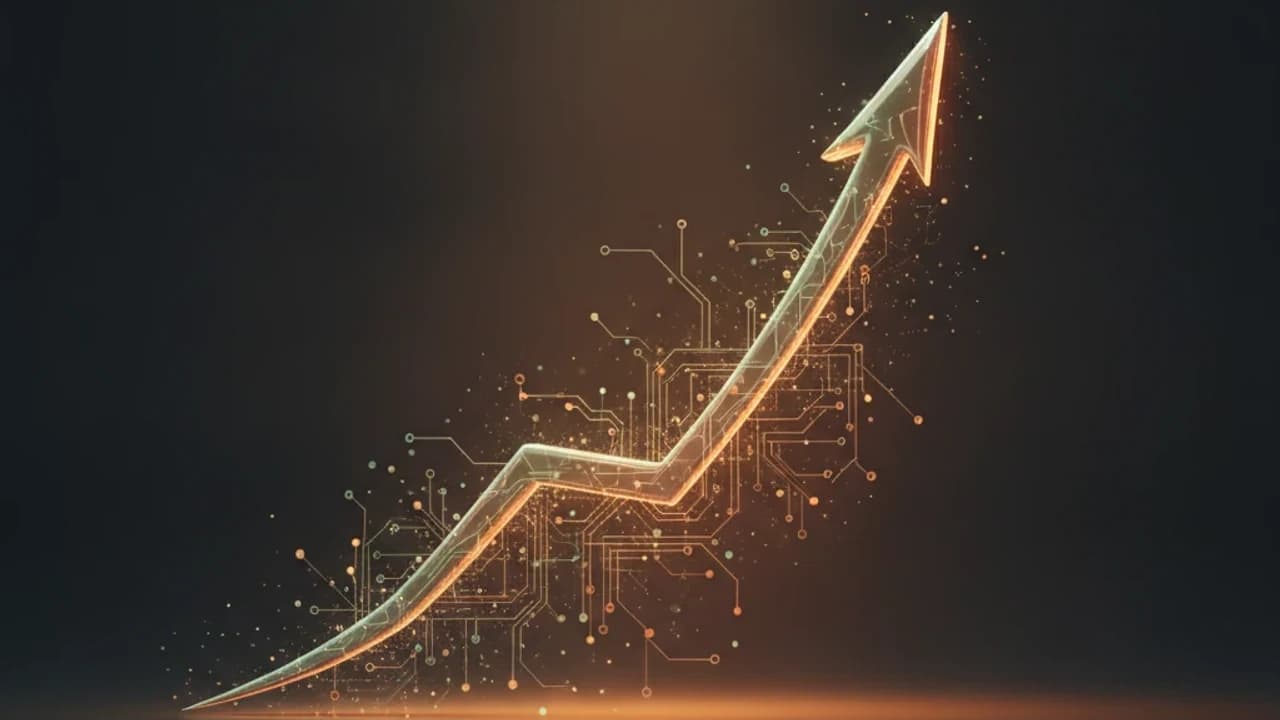 Exponential, AI-driven business growth rising along an upward curve
